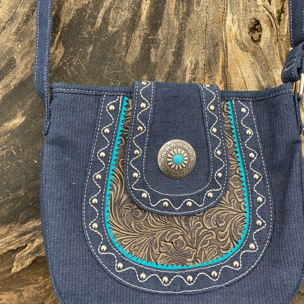 Denim turquoise cross body bag